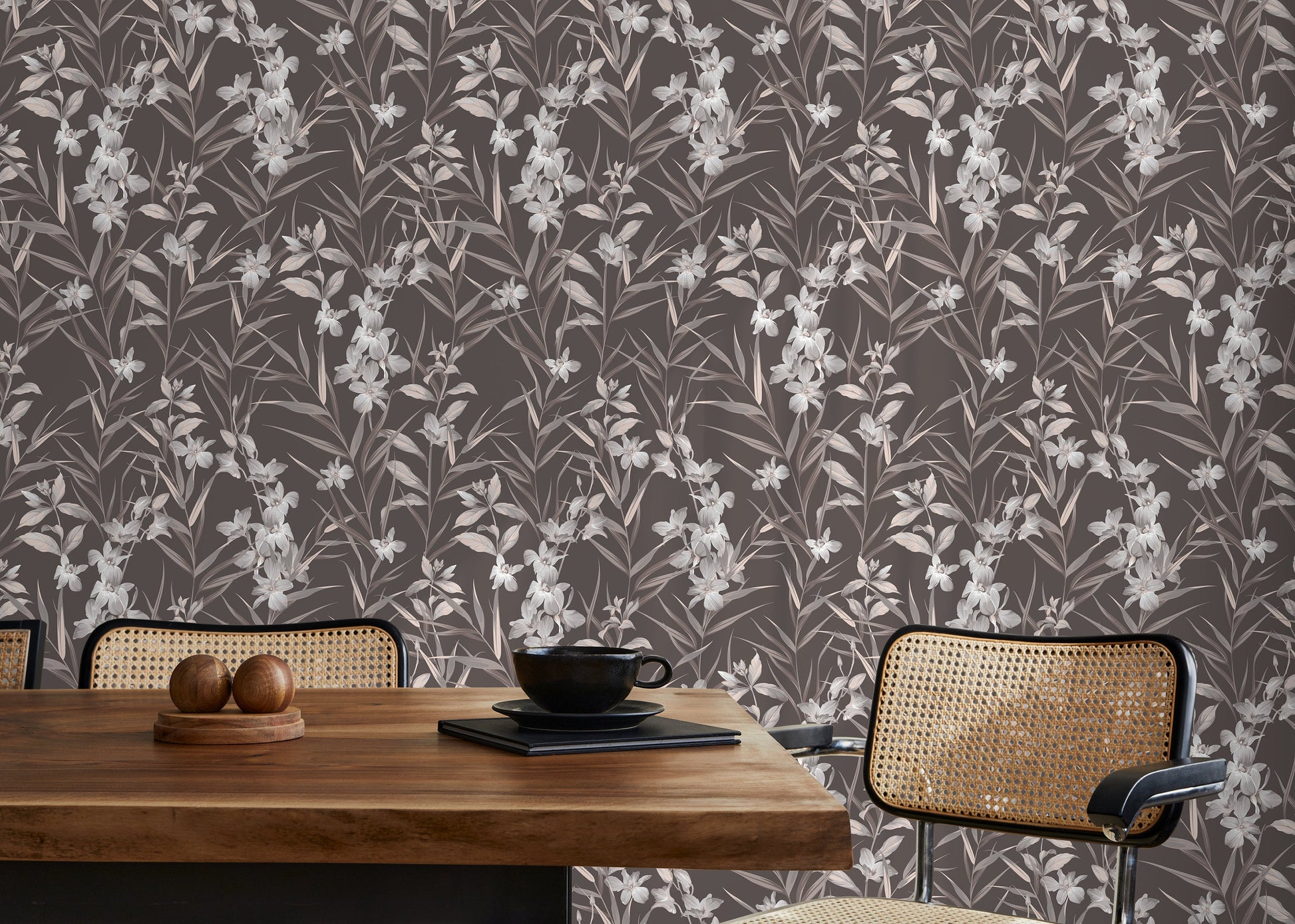 Brown Botanical Floral Wallpaper / Peel and Stick Wallpaper Removable Wallpaper Home Decor Wall Art Wall Decor Room Decor - D033