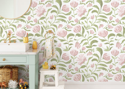Pink Floral Garden Wallpaper / Peel and Stick Wallpaper Removable Wallpaper Home Decor Wall Art Wall Decor Room Decor - C972
