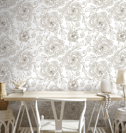 Beige Boho Floral Wallpaper / Peel and Stick Wallpaper Removable Wallpaper Home Decor Wall Art Wall Decor Room Decor - C962