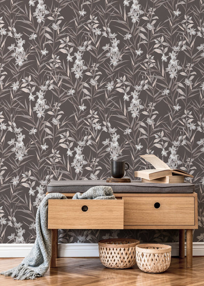 Brown Botanical Floral Wallpaper / Peel and Stick Wallpaper Removable Wallpaper Home Decor Wall Art Wall Decor Room Decor - D033