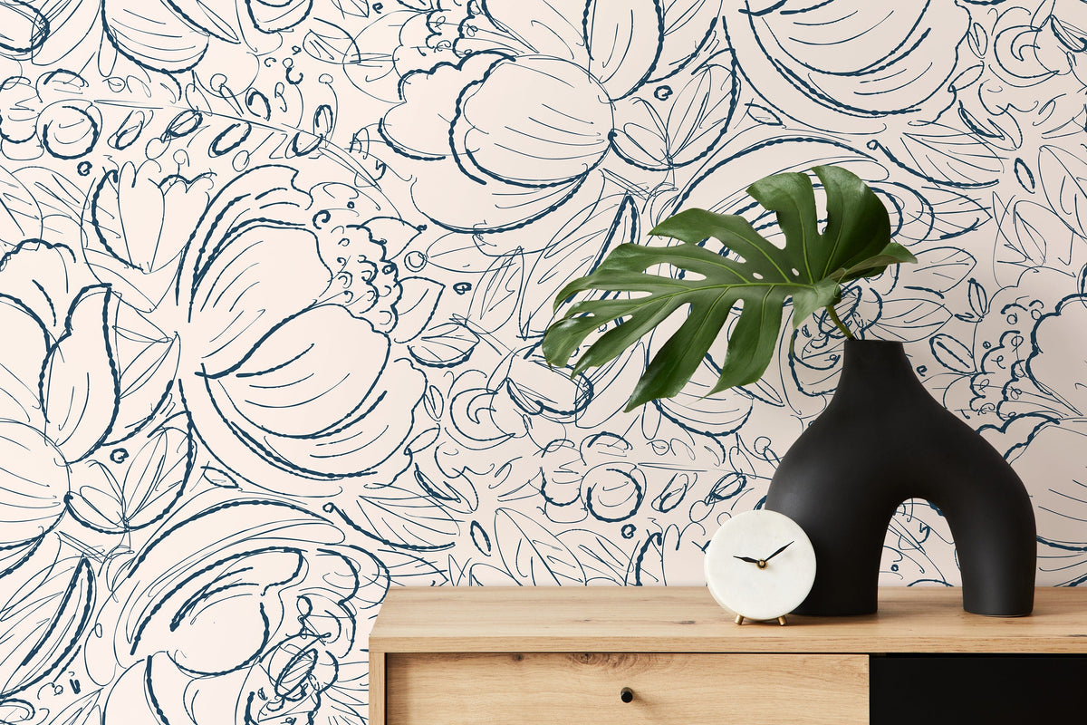 Boho Floral Hand Drawing Wallpaper / Peel and Stick Wallpaper Removable Wallpaper Home Decor Wall Art Wall Decor Room Decor - D054