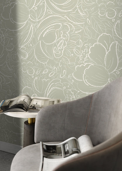 Green Floral Hand Drawing Wallpaper / Peel and Stick Wallpaper Removable Wallpaper Home Decor Wall Art Wall Decor Room Decor - D055
