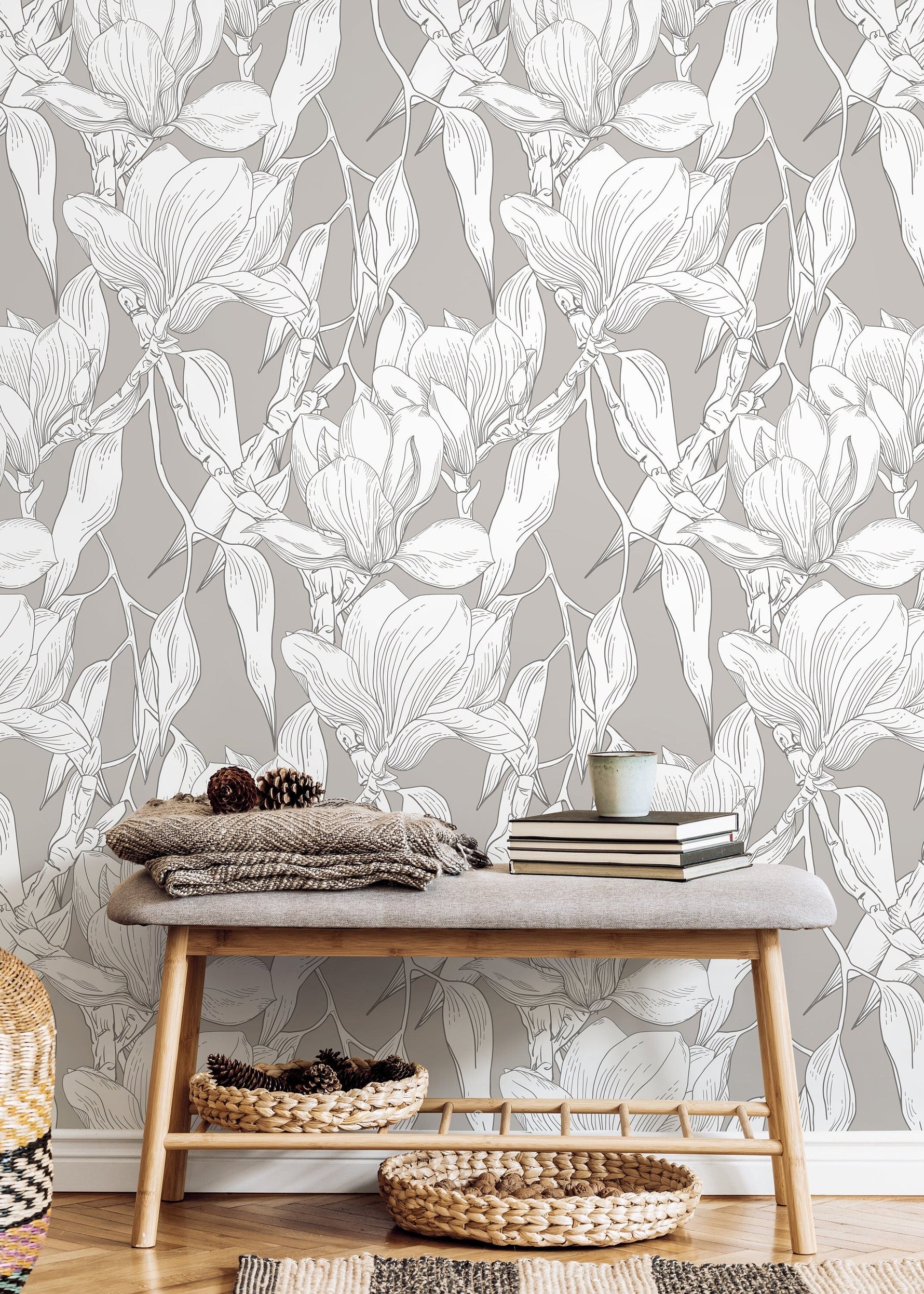 Neutral Botanical Floral Wallpaper / Peel and Stick Wallpaper Removable Wallpaper Home Decor Wall Art Wall Decor Room Decor - D026