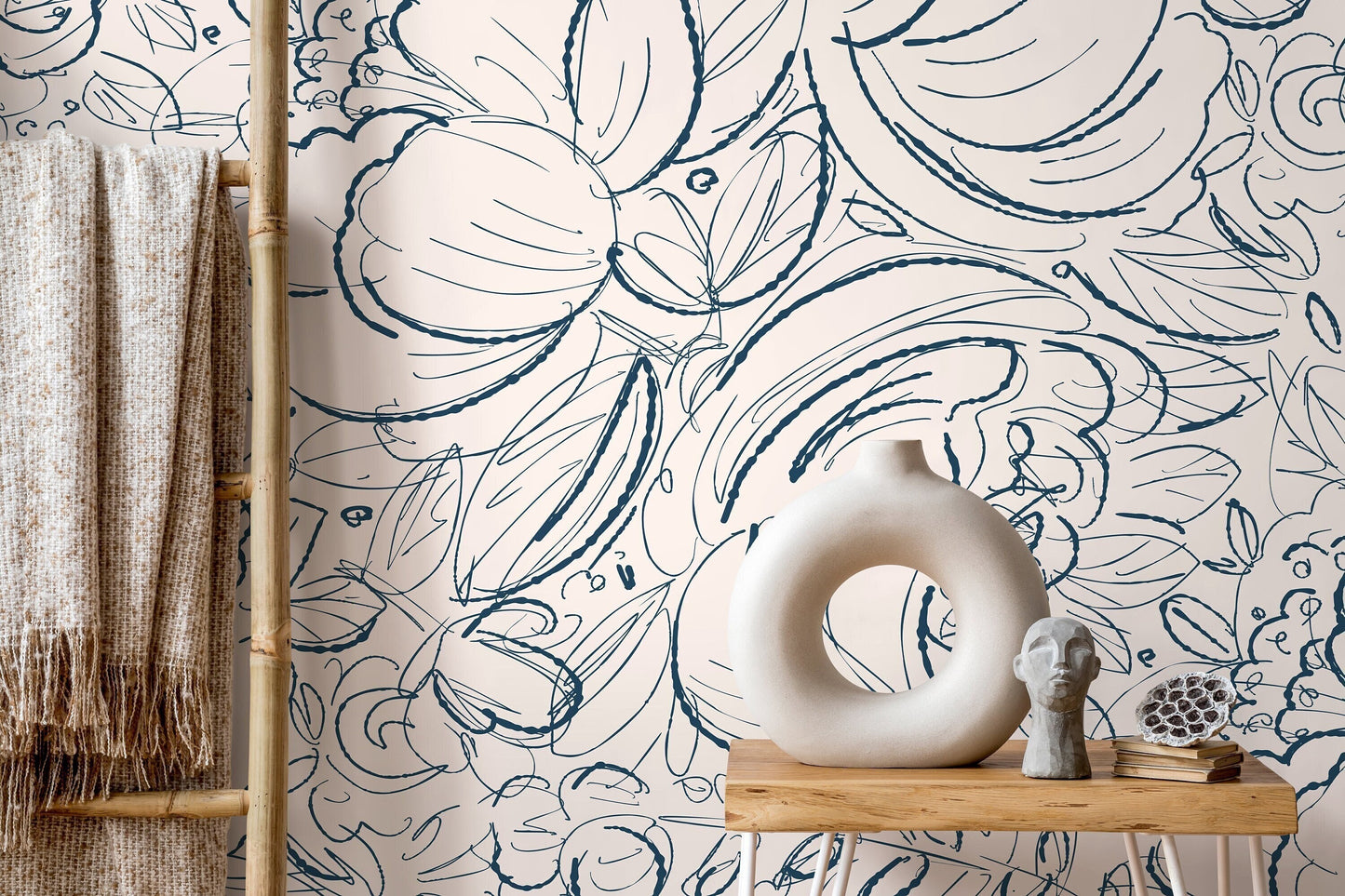 Boho Floral Hand Drawing Wallpaper / Peel and Stick Wallpaper Removable Wallpaper Home Decor Wall Art Wall Decor Room Decor - D054