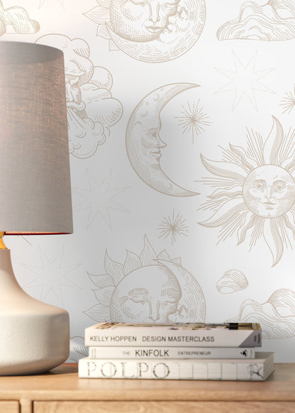 Neutral Mystique and Celestial Wallpaper Removable Peel and Stick Wallpaper, Peel and Stick Wallpaper Moon and Sun - ZABB