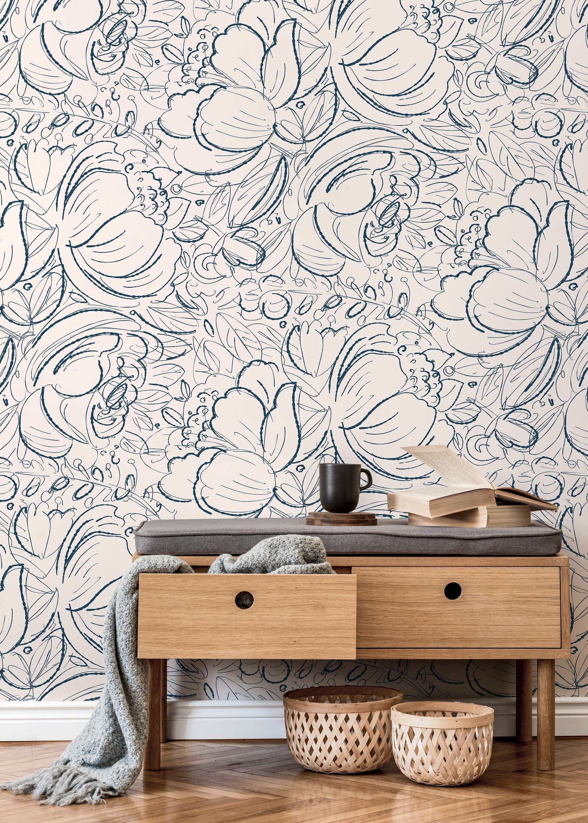 Boho Floral Hand Drawing Wallpaper / Peel and Stick Wallpaper Removable Wallpaper Home Decor Wall Art Wall Decor Room Decor - D054