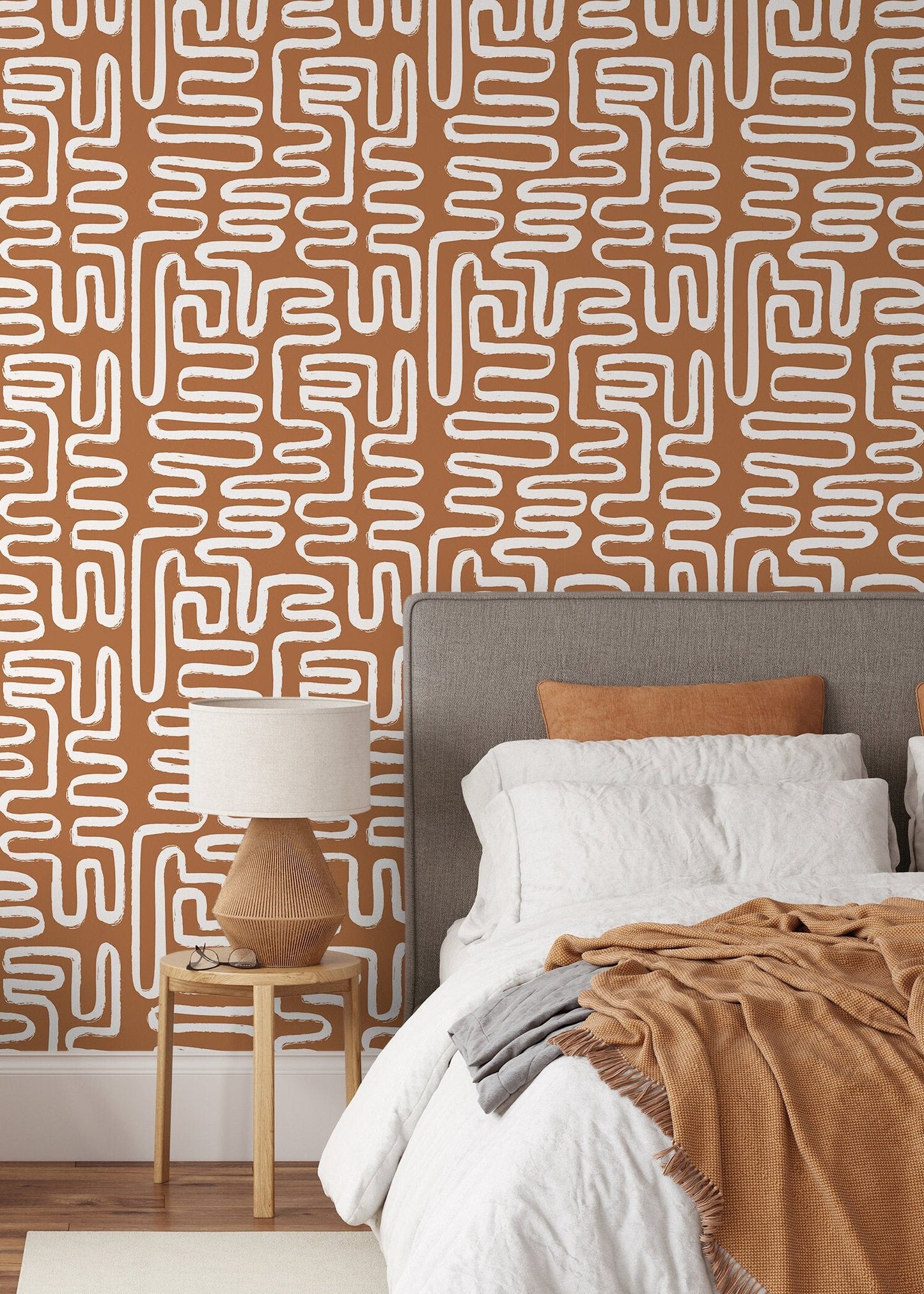 Seamless Rounded Lines Wallpaper Peel and Stick Removable Repositionable Brown Minimalist Light Abstract Brush Strokes Boho Moderne - ZAAJ