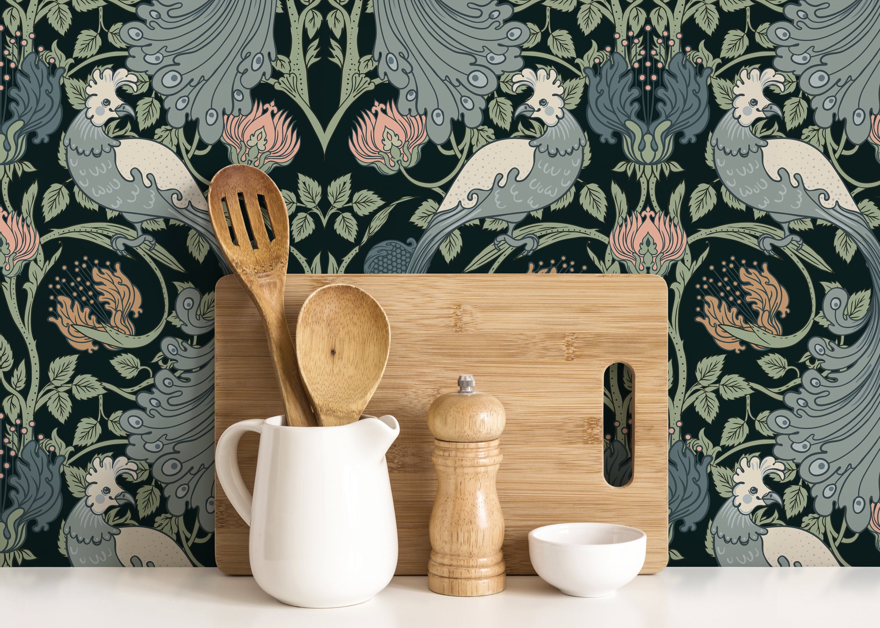 Dark Vintage Flowers and Birds Removable Wallpaper William Morris Peel and  Stick Wall mural - Scandi Home dark_vintage_flowers dark_wallpaper