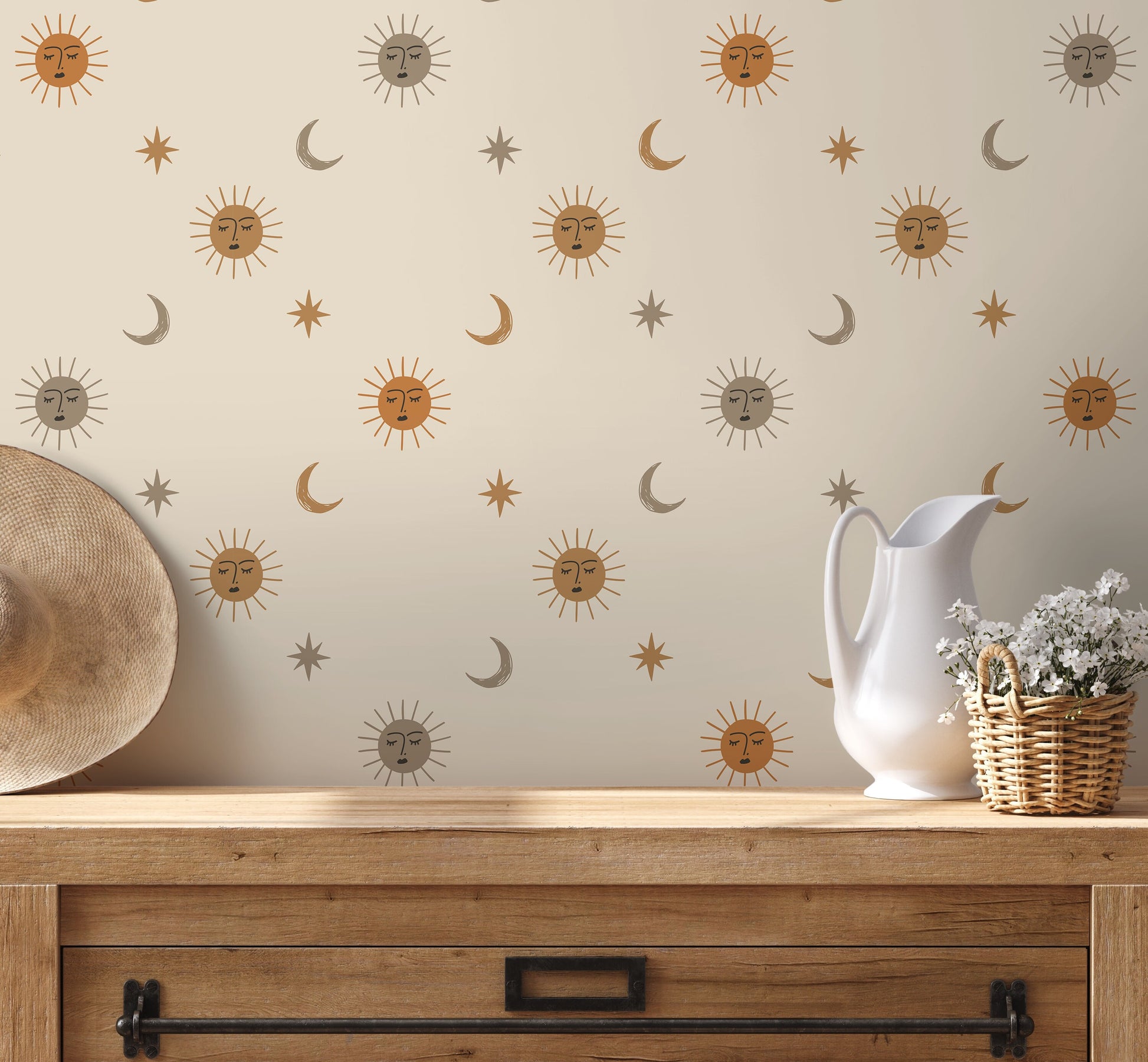 Sun and Moon Wallpaper Removable Peel and Stick Wallpaper, Mystic Boho Constellation Peel and Stick Wallpaper - ZACA
