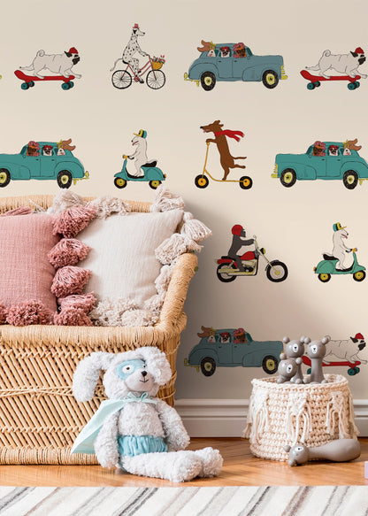 Pups in Cars Wallpaper Removable Peel and Stick Wallpaper, Animal Dog Wallpaper Repositionable Peel and Stick Wallpaper - ZACE