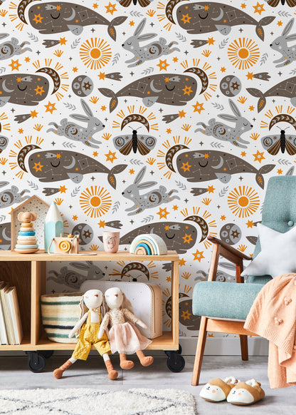 Mystique and Celestial Wallpaper Removable Peel and Stick Wallpaper, Peel and Stick Wallpaper Rabbit and Whale - ZACP
