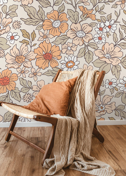 Annete Vintage Meadow Flowers Mural - Large Scale Wallpaper Floral Peel and Stick Removable Repositionable or Traditional Pre-pasted - ZACV