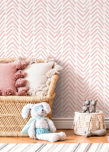 Boho Herringbone in Soft Pink Wallpaper Removable and Repositionable Peel and Stick or Traditional Pre-pasted Wallpaper - ZADA