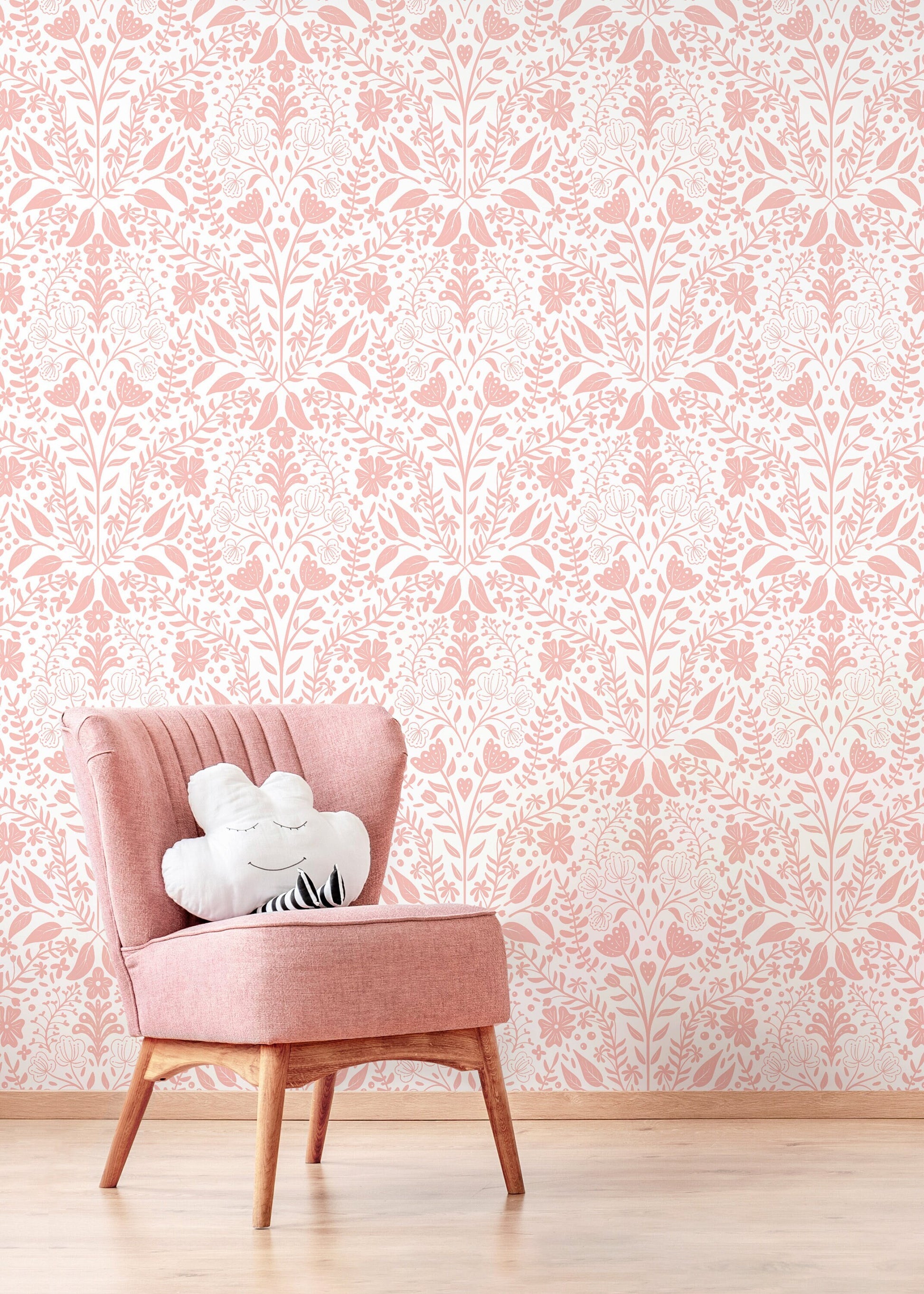 Pink Boho Floral Wallpaper / Peel and Stick Wallpaper Removable Wallpaper Home Decor Wall Art Wall Decor Room Decor - D040