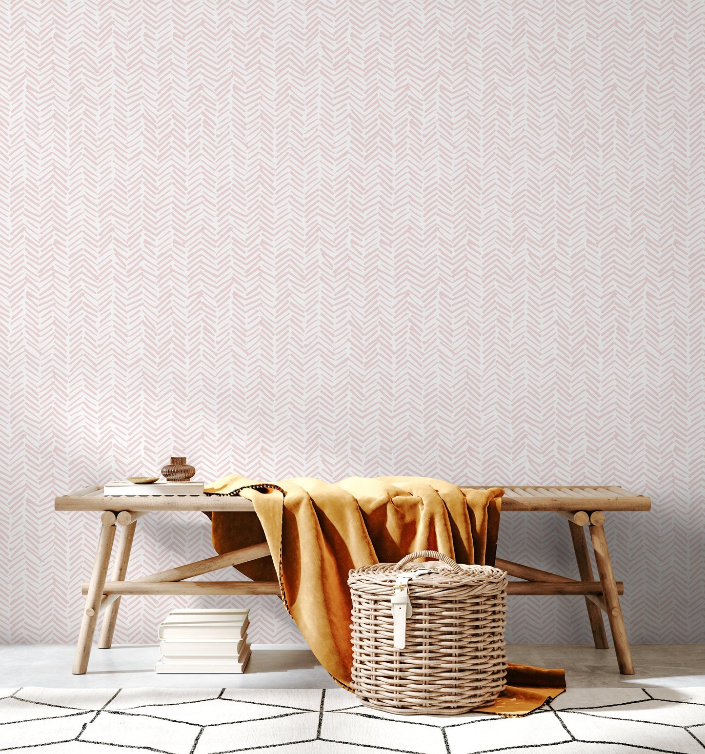 Boho Herringbone in Soft Pink Wallpaper Removable and Repositionable Peel and Stick or Traditional Pre-pasted Wallpaper - ZADY