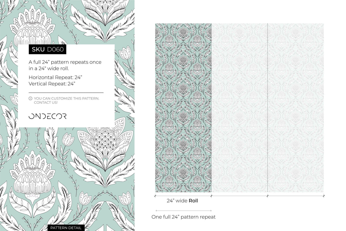 Mint Floral Vintage Wallpaper / Peel and Stick Wallpaper Removable Wallpaper Home Decor Wall Art Wall Decor Room Decor - D060