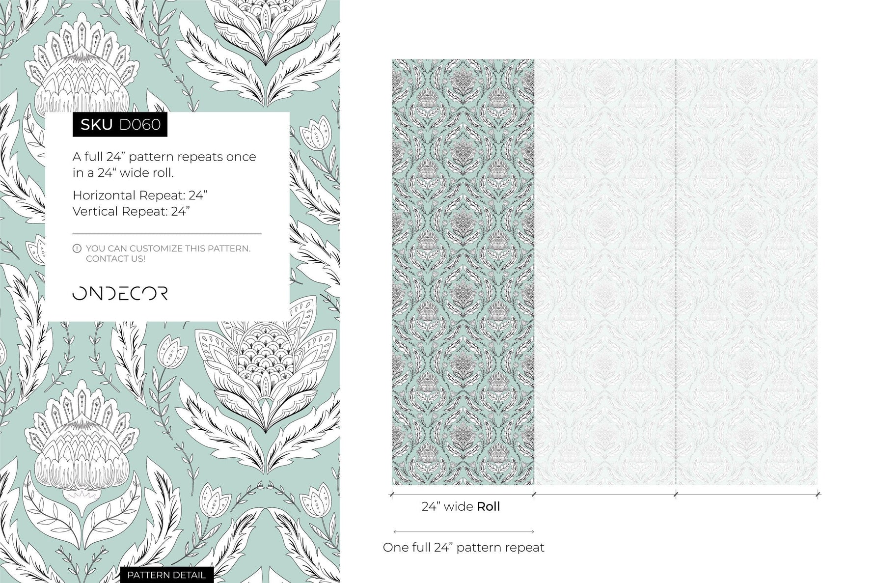 Mint Floral Vintage Wallpaper / Peel and Stick Wallpaper Removable Wallpaper Home Decor Wall Art Wall Decor Room Decor - D060