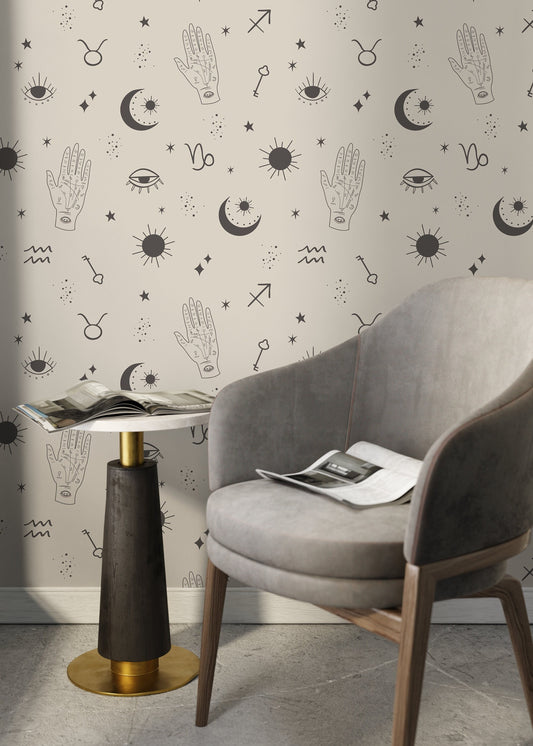 Mystique and Celestial Wallpaper Removable Peel and Stick Wallpaper, Peel and Stick Wallpaper Moon and Zodiac - ZAAU