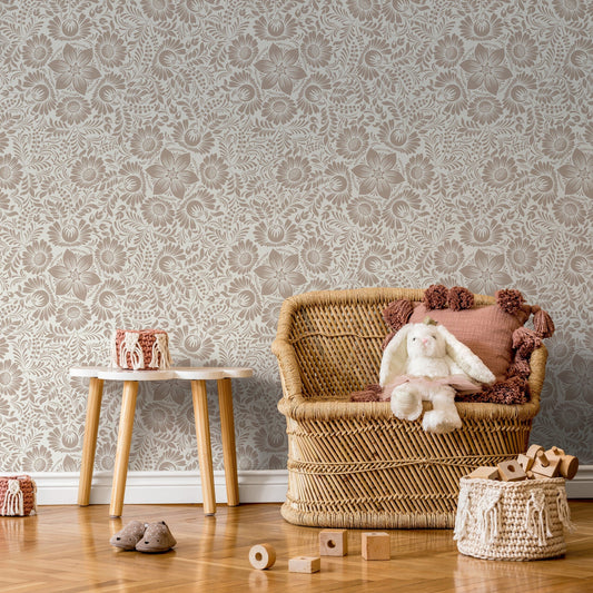 Neutral Floral Wallpaper / Peel and Stick Wallpaper Removable Wallpaper Home Decor Wall Art Wall Decor Room Decor - D069