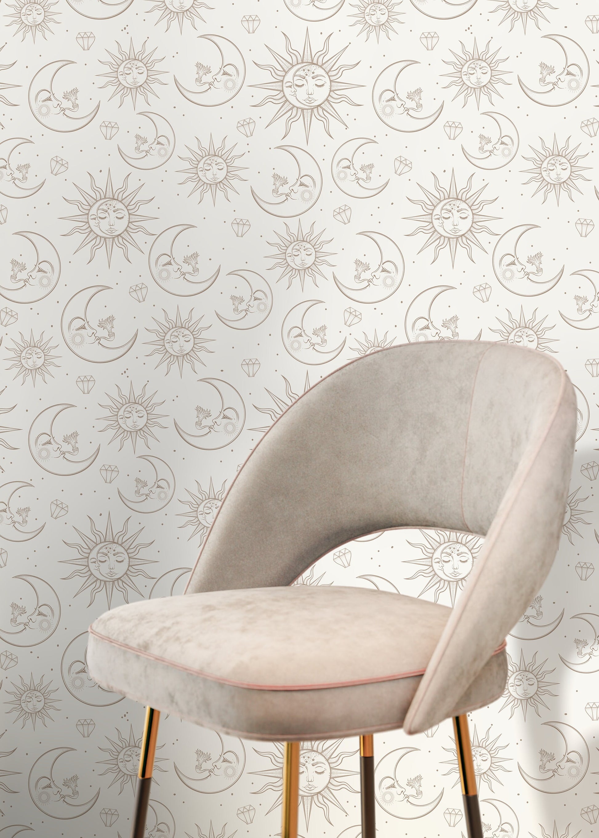 Beige Mystique and Celestial Wallpaper Removable Peel and Stick Wallpaper, Peel and Stick Wallpaper Moon and Sun - ZABA