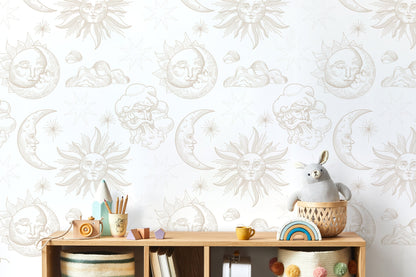 Neutral Mystique and Celestial Wallpaper Removable Peel and Stick Wallpaper, Peel and Stick Wallpaper Moon and Sun - ZABB