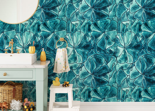 Turquoise Abstract Floral Wallpaper / Peel and Stick Wallpaper Removable Wallpaper Home Decor Wall Art Wall Decor Room Decor -C936