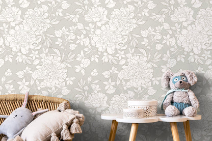 Gray Boho Peony Wallpaper / Peel and Stick Wallpaper Removable Wallpaper Home Decor Wall Art Wall Decor Room Decor - ZAAL