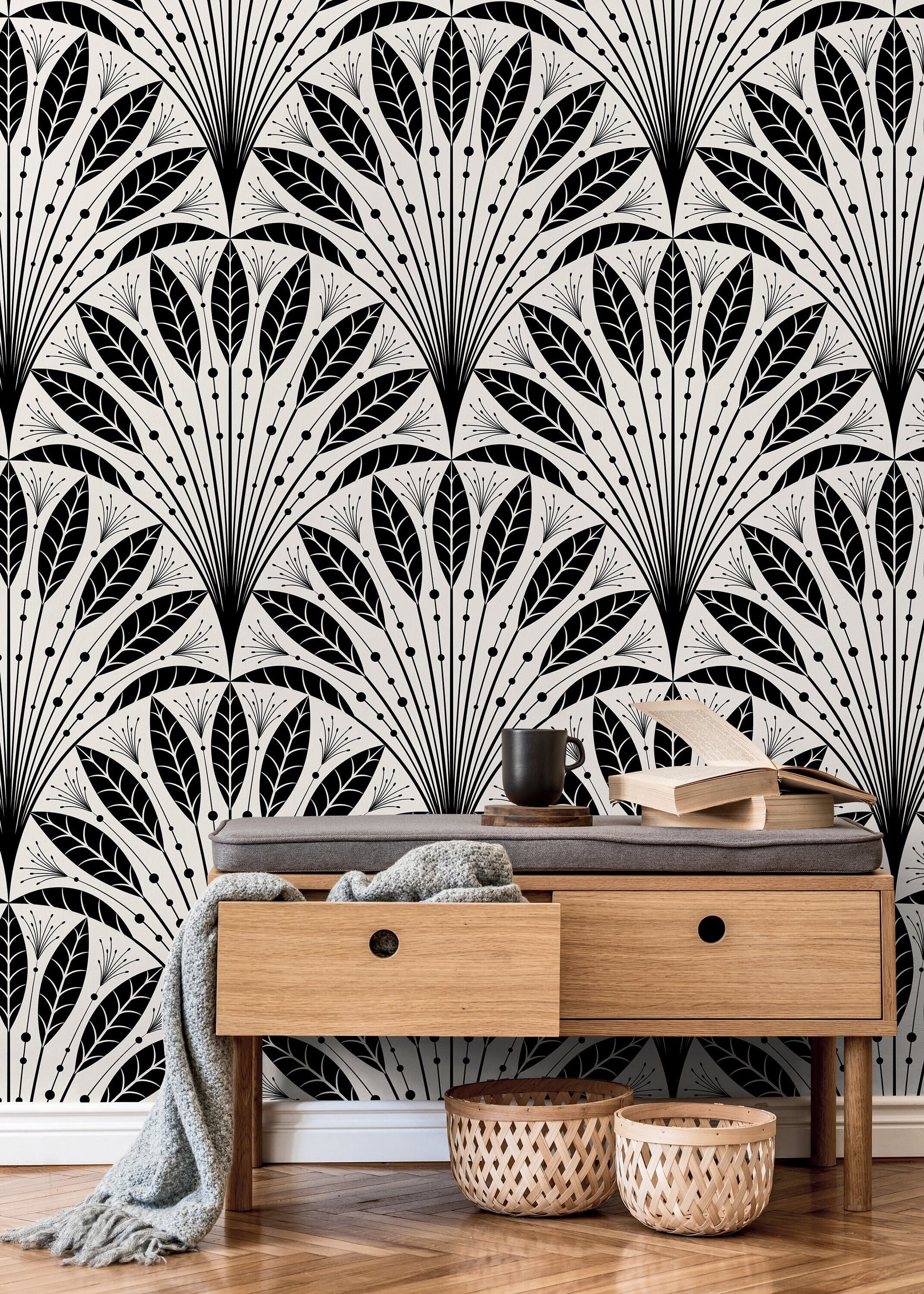 Black and Beige Boho Feathers Wallpaper / Peel and Stick Wallpaper Removable Wallpaper Home Decor Wall Art Wall Decor Room Decor - C814