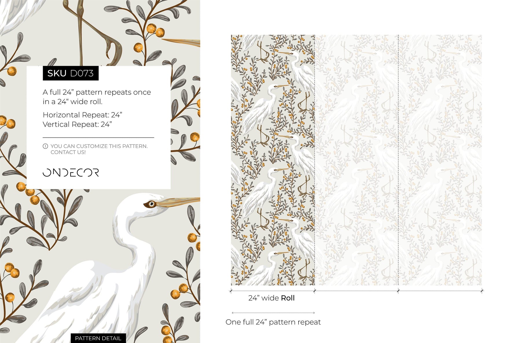 Neutral Floral Cranes Birds Wallpaper / Peel and Stick Wallpaper Removable Wallpaper Home Decor Wall Art Wall Decor Room Decor - D073