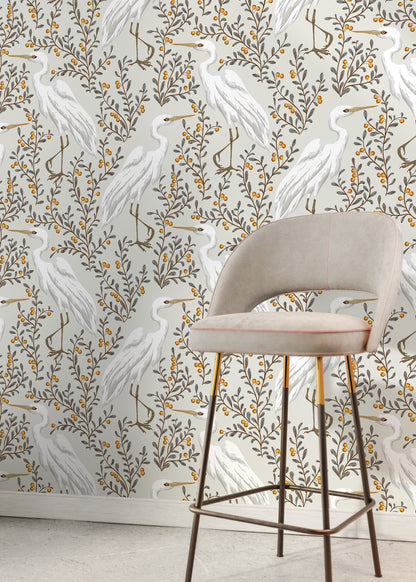 Neutral Floral Cranes Birds Wallpaper / Peel and Stick Wallpaper Removable Wallpaper Home Decor Wall Art Wall Decor Room Decor - D073