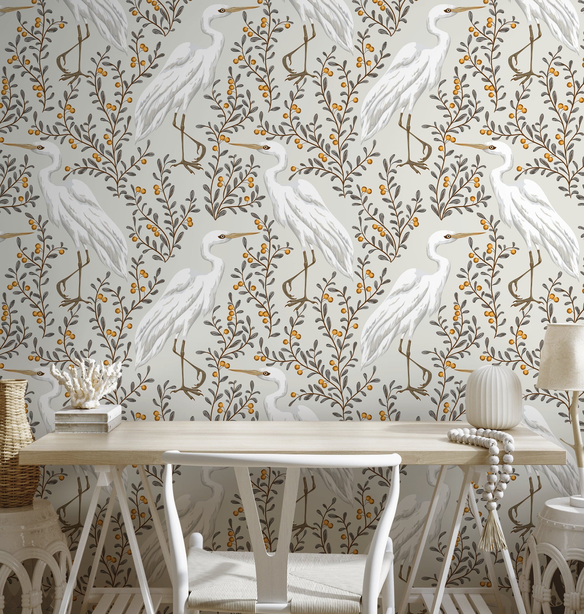 Neutral Floral Cranes Birds Wallpaper / Peel and Stick Wallpaper Removable Wallpaper Home Decor Wall Art Wall Decor Room Decor - D073