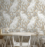 Neutral Floral Cranes Birds Wallpaper / Peel and Stick Wallpaper Removable Wallpaper Home Decor Wall Art Wall Decor Room Decor - D073