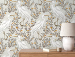 Neutral Floral Cranes Birds Wallpaper / Peel and Stick Wallpaper Removable Wallpaper Home Decor Wall Art Wall Decor Room Decor - D073
