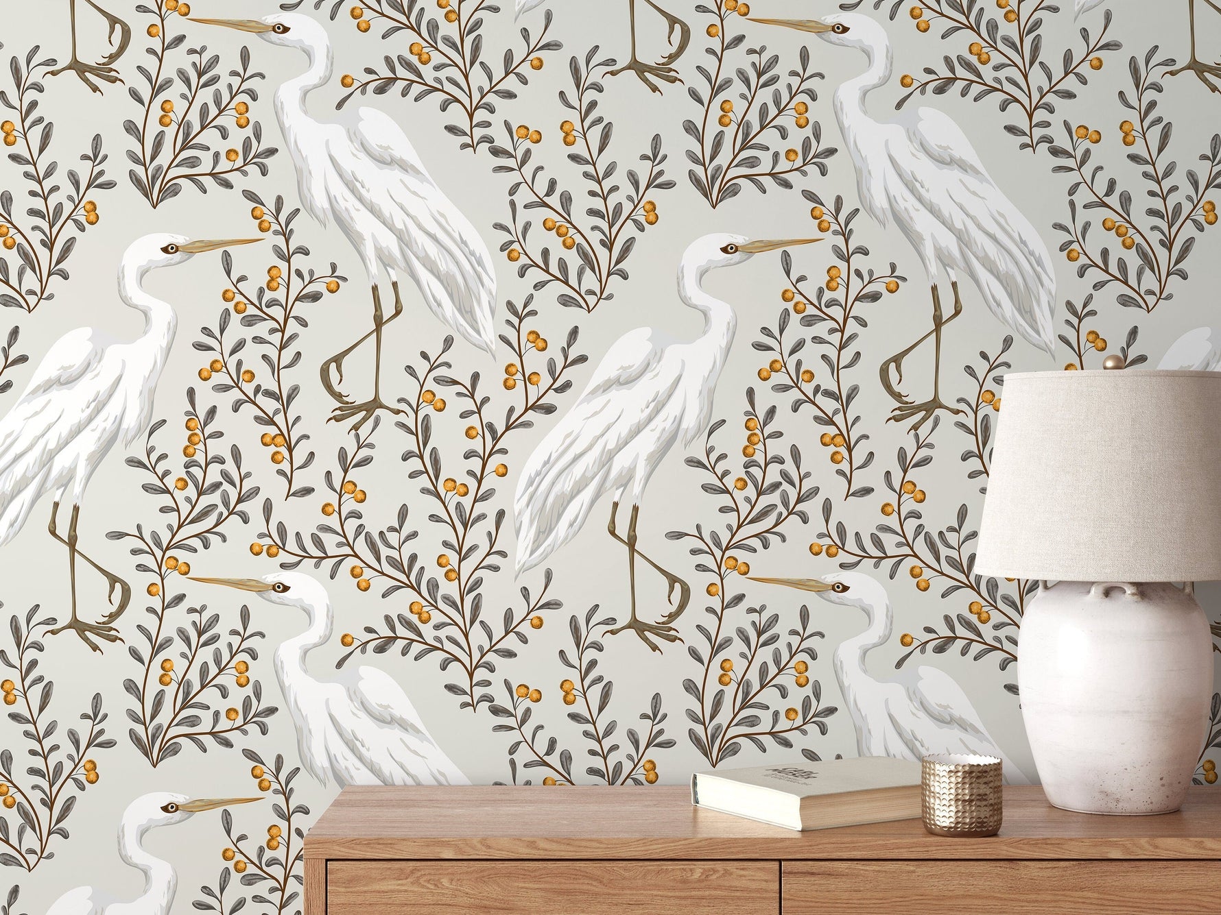 Neutral Floral Cranes Birds Wallpaper / Peel and Stick Wallpaper Removable Wallpaper Home Decor Wall Art Wall Decor Room Decor - D073