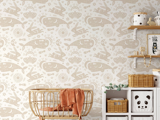 Mystique and Celestial Wallpaper Removable Peel and Stick Wallpaper, Peel and Stick Wallpaper Neutral Moon and Sun - ZABE