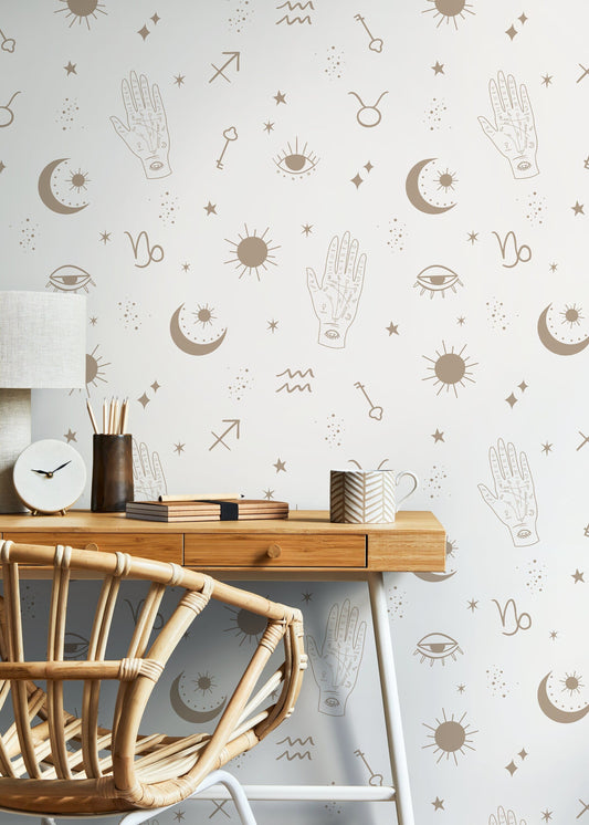 Astral Pray Wallpaper Removable Peel and Stick Wallpaper, Modern Beige Boho Hands Sun Moon Print Repositionable Peel and Stick - ZABH