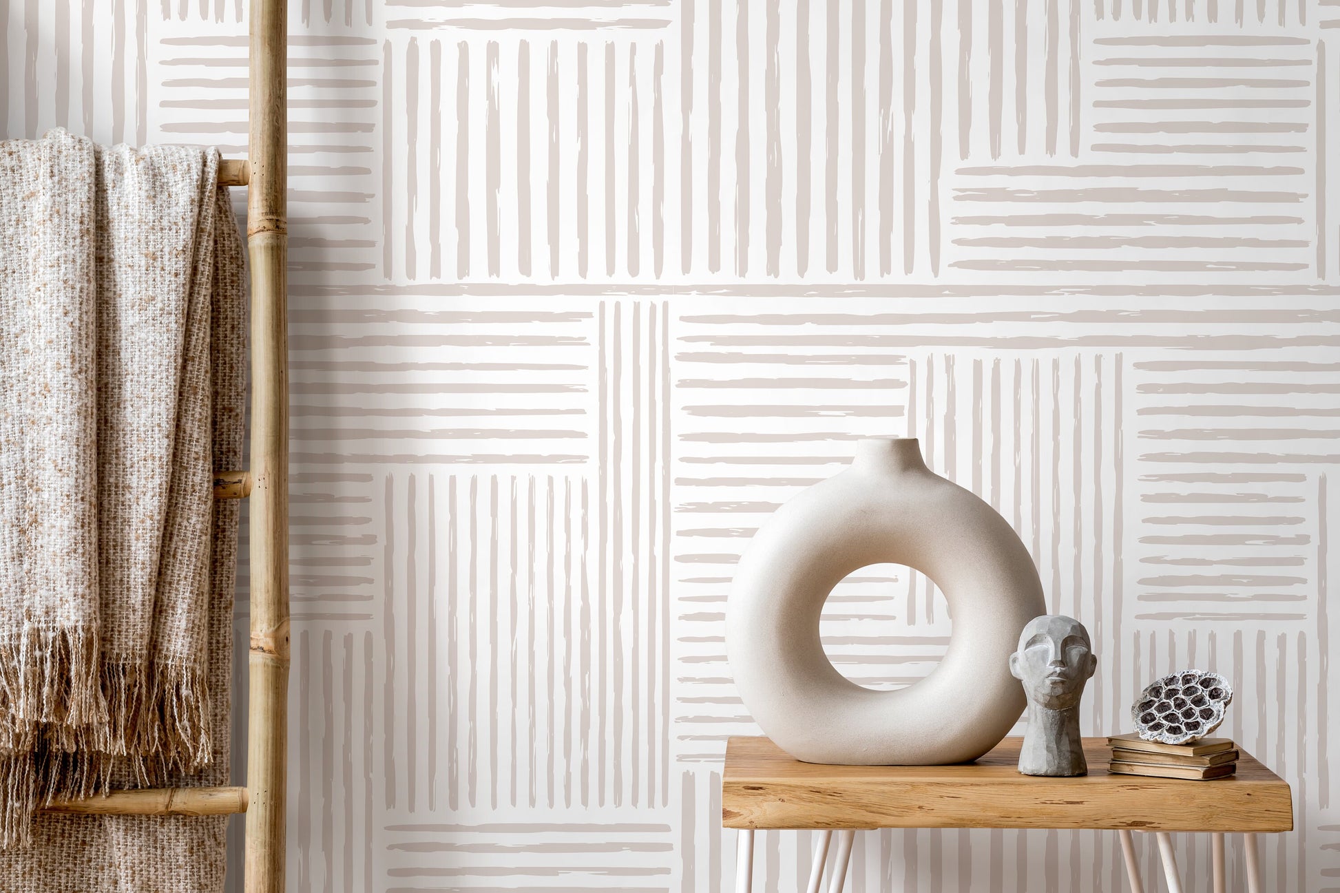 Warm Neutral Paint Brushed Labyrinth Wallpaper Peel and Stick Removable Repositionable Minimalistic Abstract Boho Beige & White - ZABJ