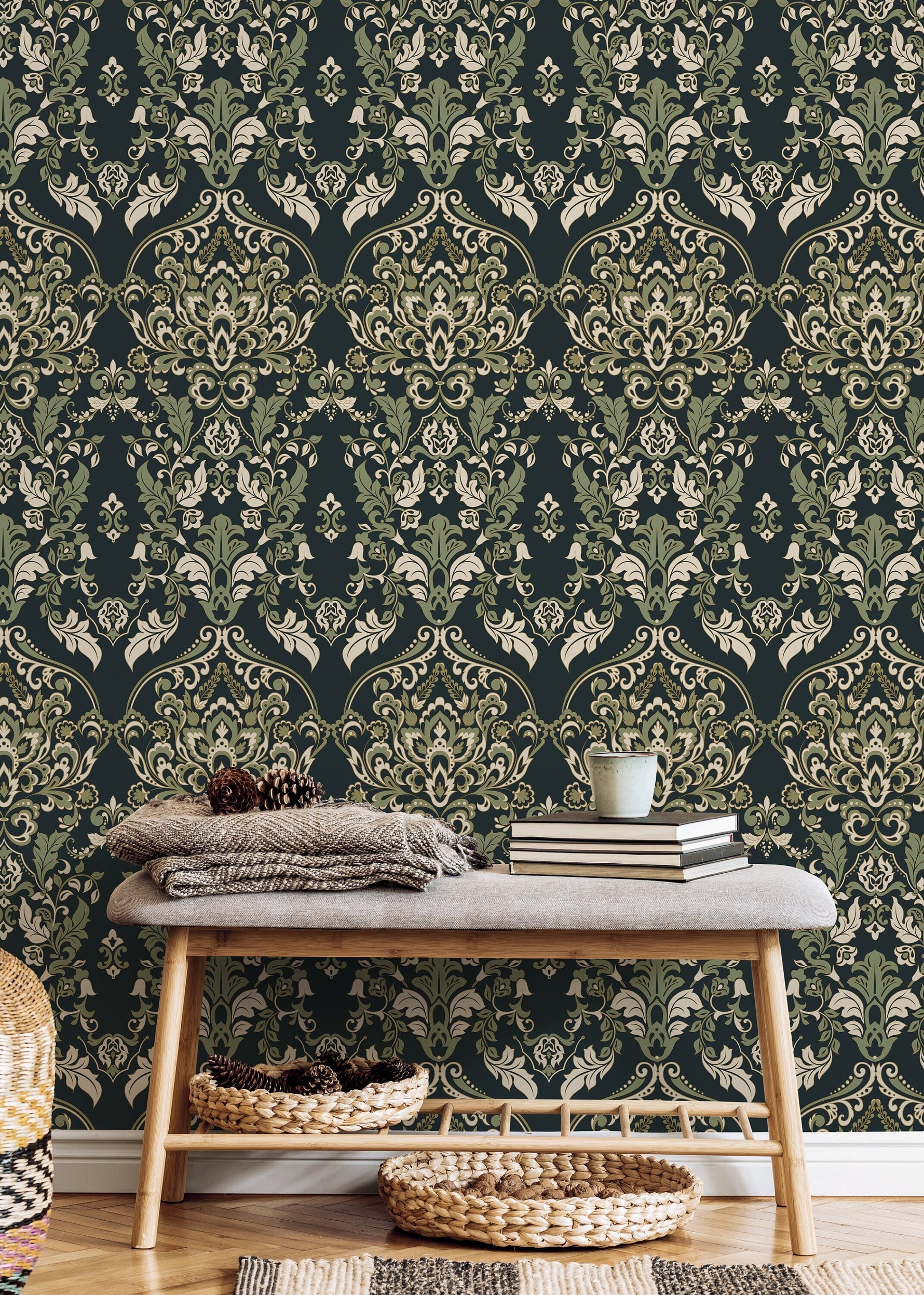 Green Vintage Victorian Wallpaper / Peel and Stick Wallpaper Removable Wallpaper Home Decor Wall Art Wall Decor Room Decor - D077