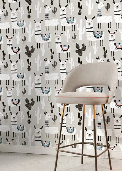 Light Gray Wallpaper for Kids With White Llamas and Cactuses, Nursery Wall Mural, Peel and Stick, Self-Adhesive, Wall Decor - CC-D078