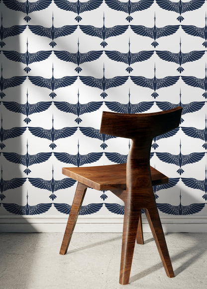 Mid Century Cranes Wallpaper Art Deco Swans Navy Blue Wallpaper / Peel and Stick Wallpaper Removable Wallpaper Home Decor Wall Art - CC-D083