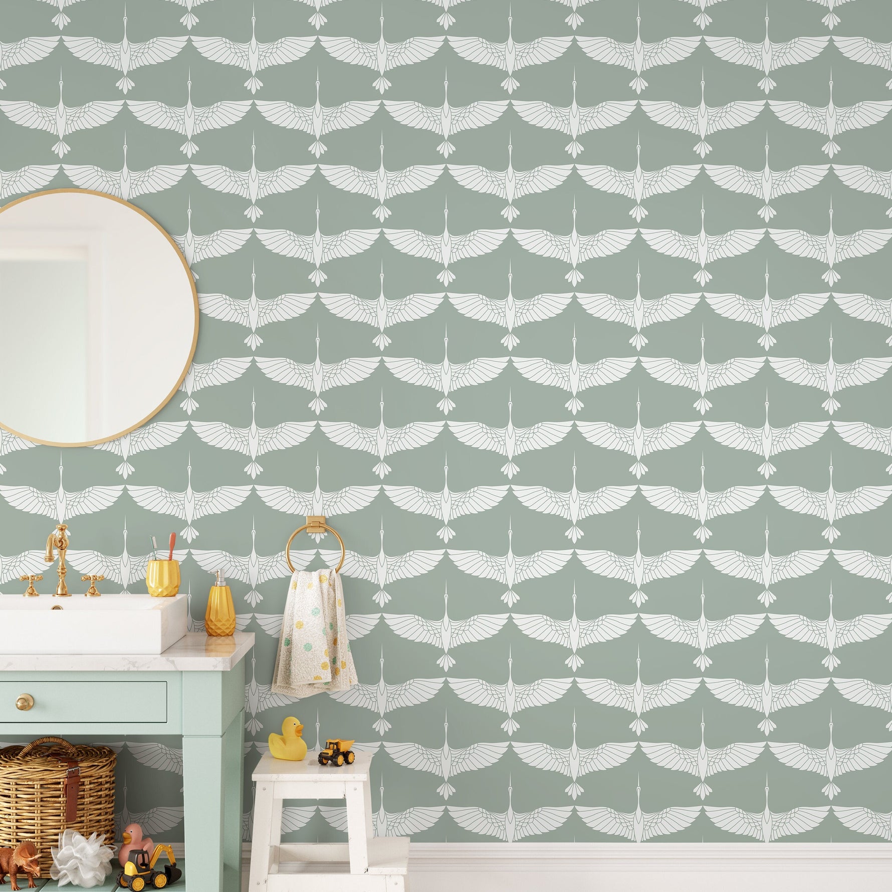 Mid Century Cranes Wallpaper Art Deco Swans Green Wallpaper / Peel and Stick Wallpaper Removable Wallpaper Home Decor Wall Art - CC-D084