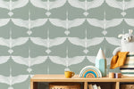 Mid Century Cranes Wallpaper Art Deco Swans Green Wallpaper / Peel and Stick Wallpaper Removable Wallpaper Home Decor Wall Art - CC-D084