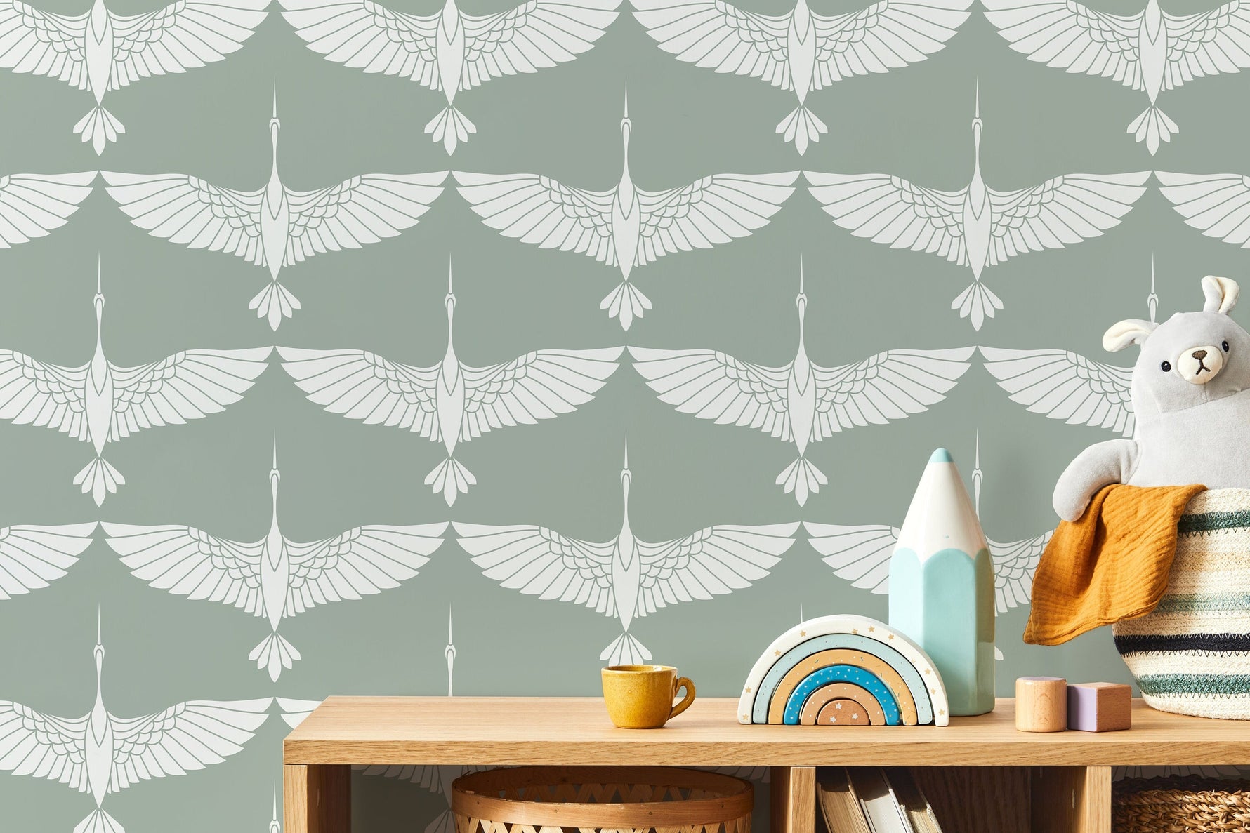 Mid Century Cranes Wallpaper Art Deco Swans Green Wallpaper / Peel and Stick Wallpaper Removable Wallpaper Home Decor Wall Art - CC-D084