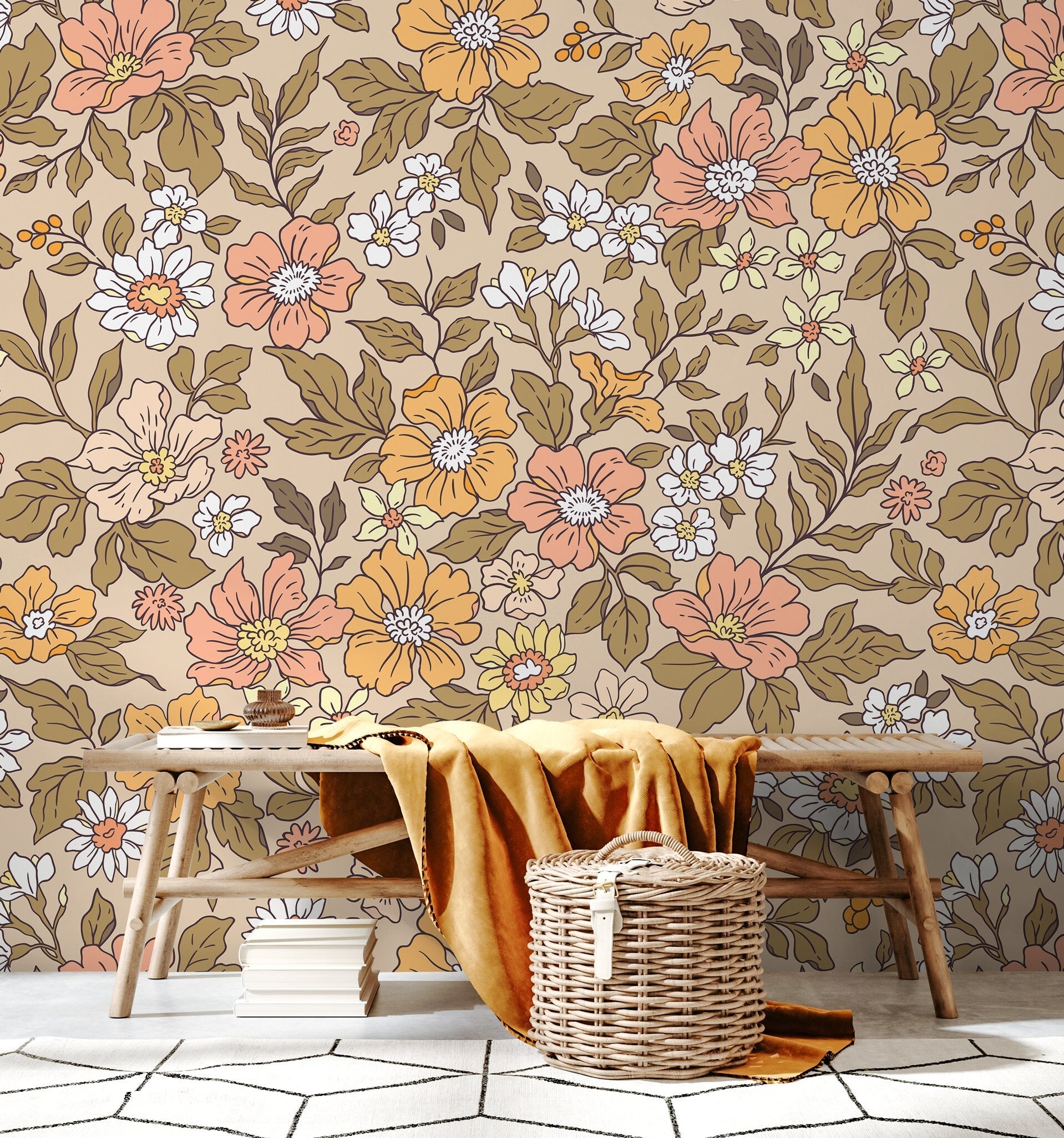 Annete Vintage Meadow Flowers Mural - Large Scale Wallpaper Floral Peel and Stick Removable Repositionable or Traditional Pre-pasted  - ZACD
