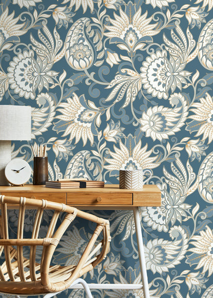 Blue and Beige Vintage Wallpaper / Peel and Stick Wallpaper Removable Wallpaper Home Decor Wall Art Wall Decor Room Decor - D091