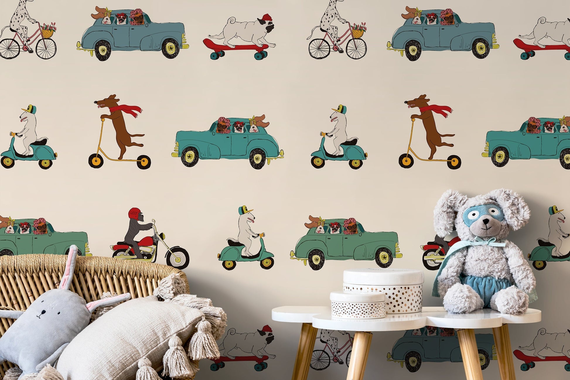 Pups in Cars Wallpaper Removable Peel and Stick Wallpaper, Animal Dog Wallpaper Repositionable Peel and Stick Wallpaper - ZACE