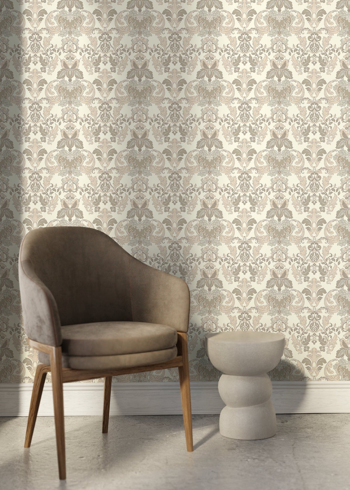 Cream Victorian Damask Wallpaper / Peel and Stick Wallpaper Removable Wallpaper Home Decor Wall Art Wall Decor Room Decor - D093