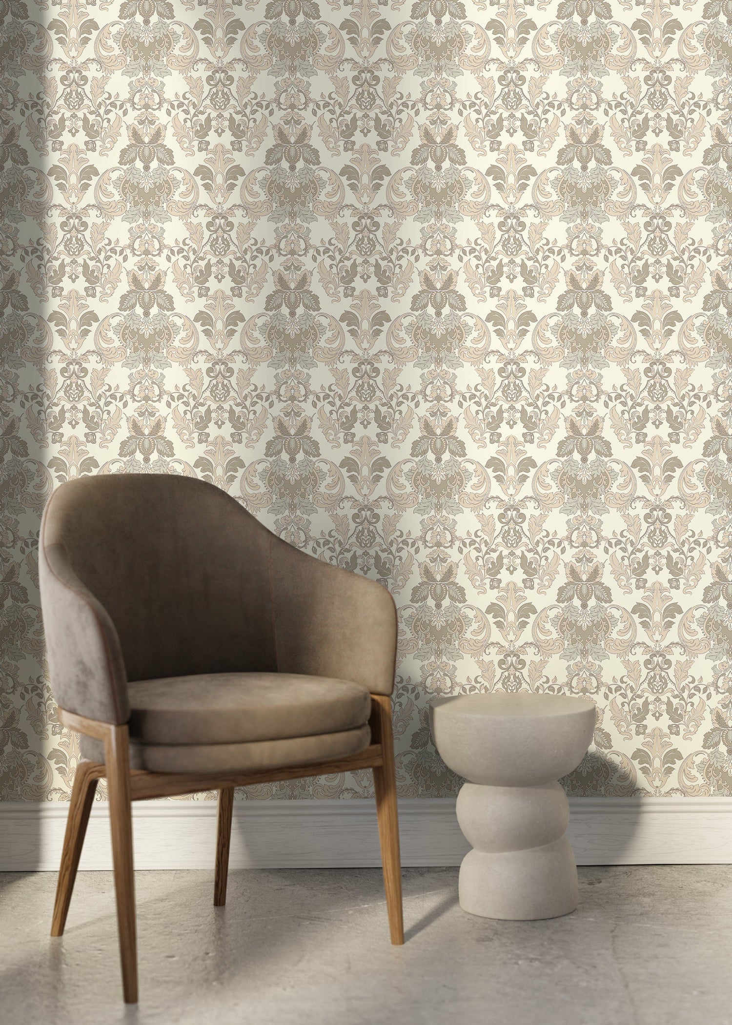 Cream Victorian Damask Wallpaper / Peel and Stick Wallpaper Removable Wallpaper Home Decor Wall Art Wall Decor Room Decor - D093