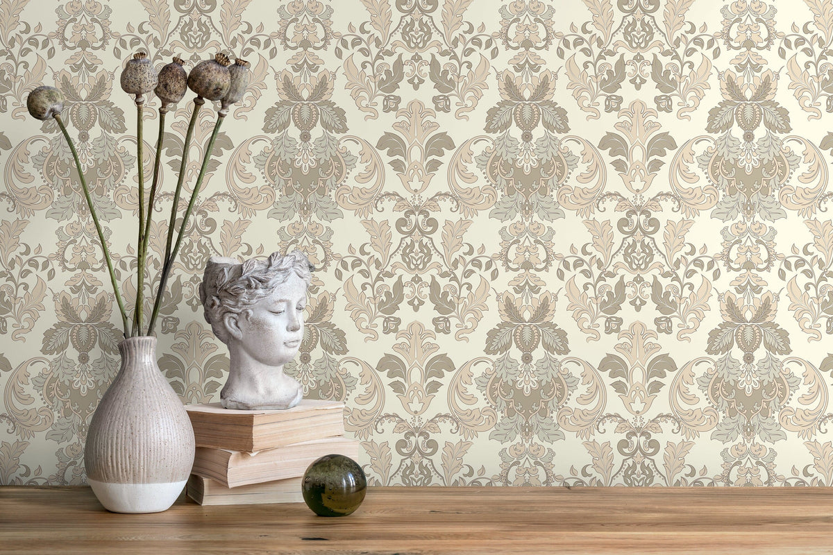 Cream Victorian Damask Wallpaper / Peel and Stick Wallpaper Removable Wallpaper Home Decor Wall Art Wall Decor Room Decor - D093