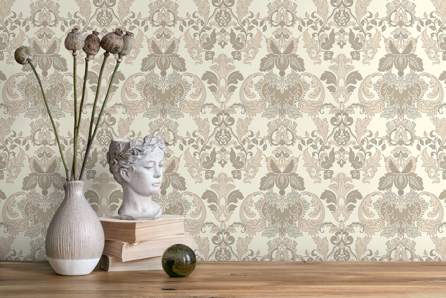 Cream Victorian Damask Wallpaper / Peel and Stick Wallpaper Removable Wallpaper Home Decor Wall Art Wall Decor Room Decor - D093